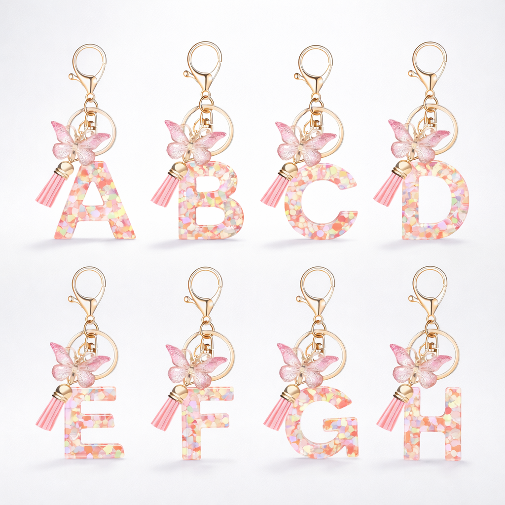 Pink Alphabet Keychain – Heart Sequin Resin Charm