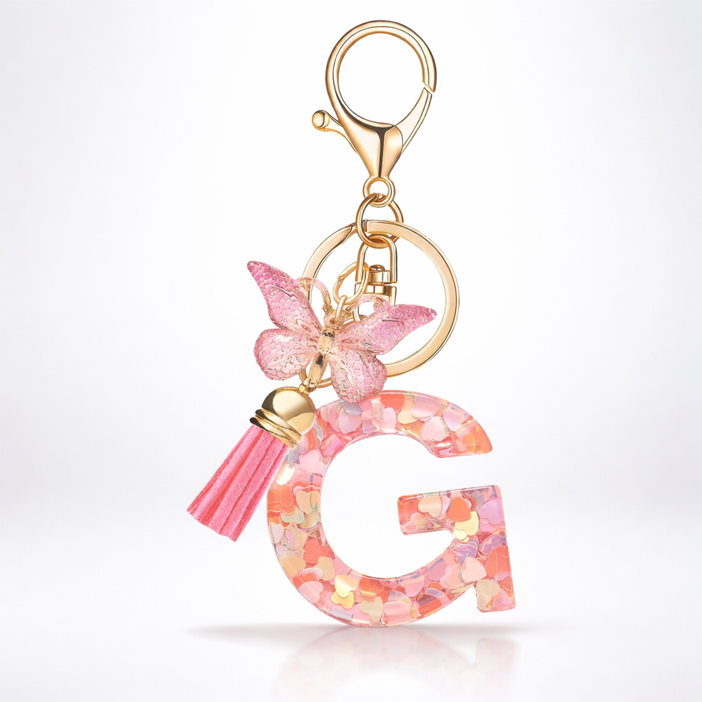 Pink Alphabet Keychain – Heart Sequin Resin Charm