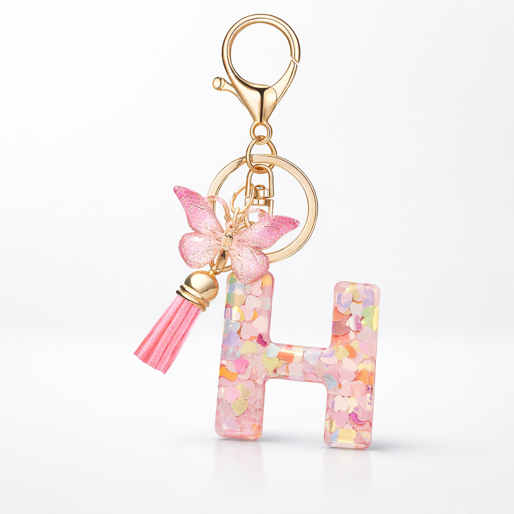 Pink Alphabet Keychain – Heart Sequin Resin Charm