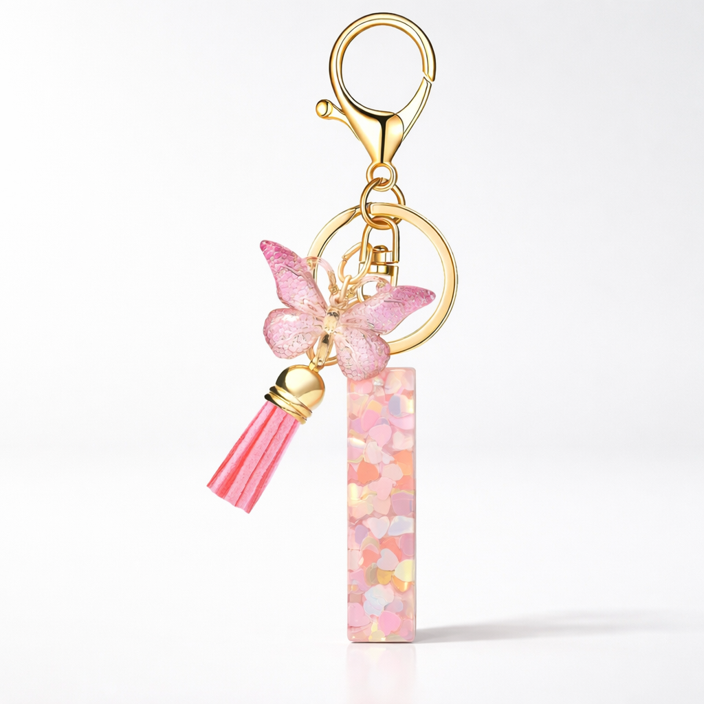 Pink Alphabet Keychain – Heart Sequin Resin Charm