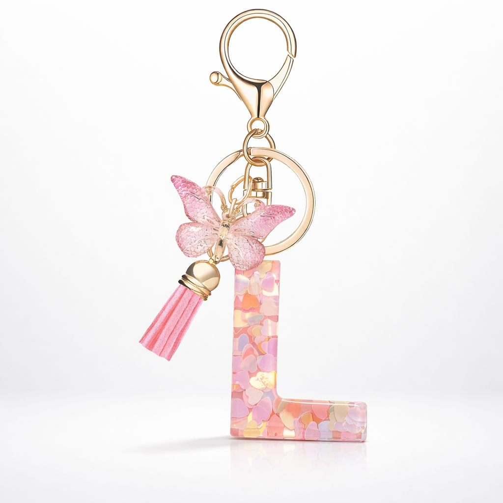 Pink Alphabet Keychain – Heart Sequin Resin Charm