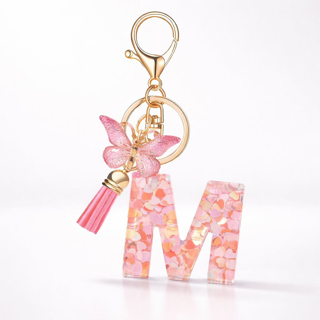 Pink Alphabet Keychain – Heart Sequin Resin Charm