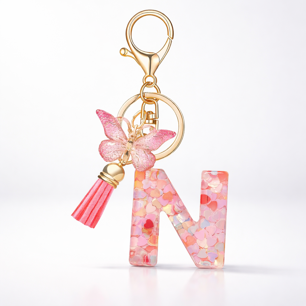 Pink Alphabet Keychain – Heart Sequin Resin Charm