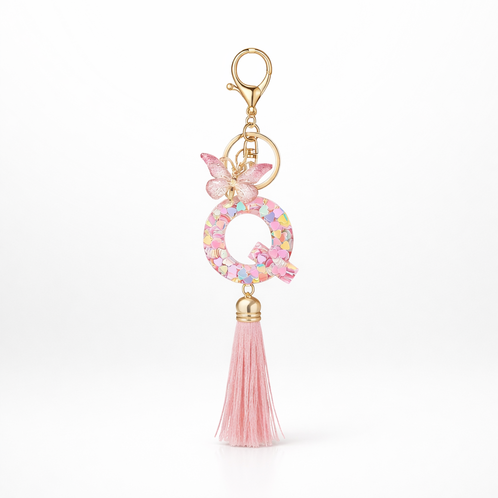 Pink Alphabet Keychain – Heart Sequin Resin Charm