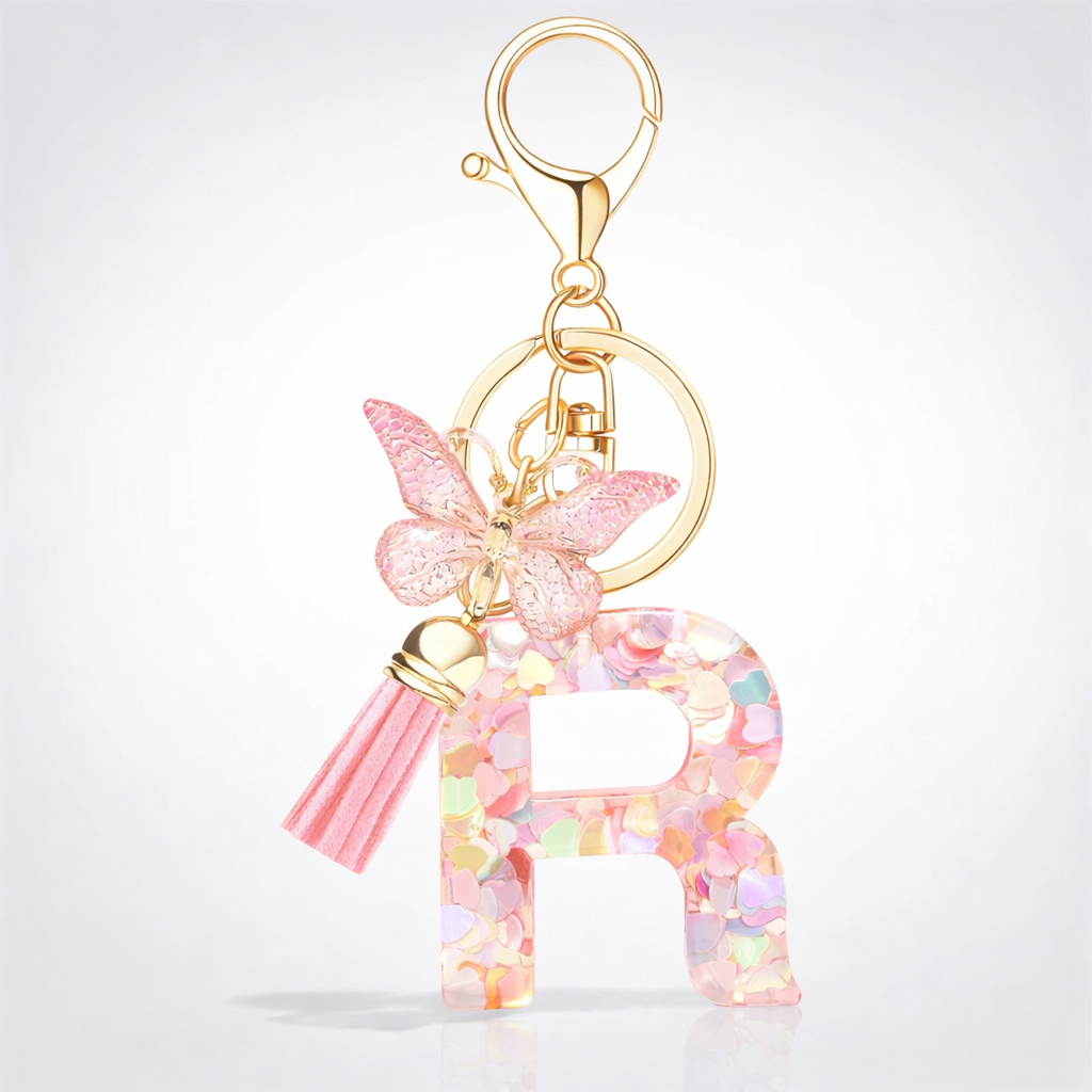 Pink Alphabet Keychain – Heart Sequin Resin Charm