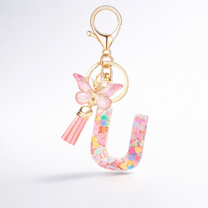 Pink Alphabet Keychain – Heart Sequin Resin Charm