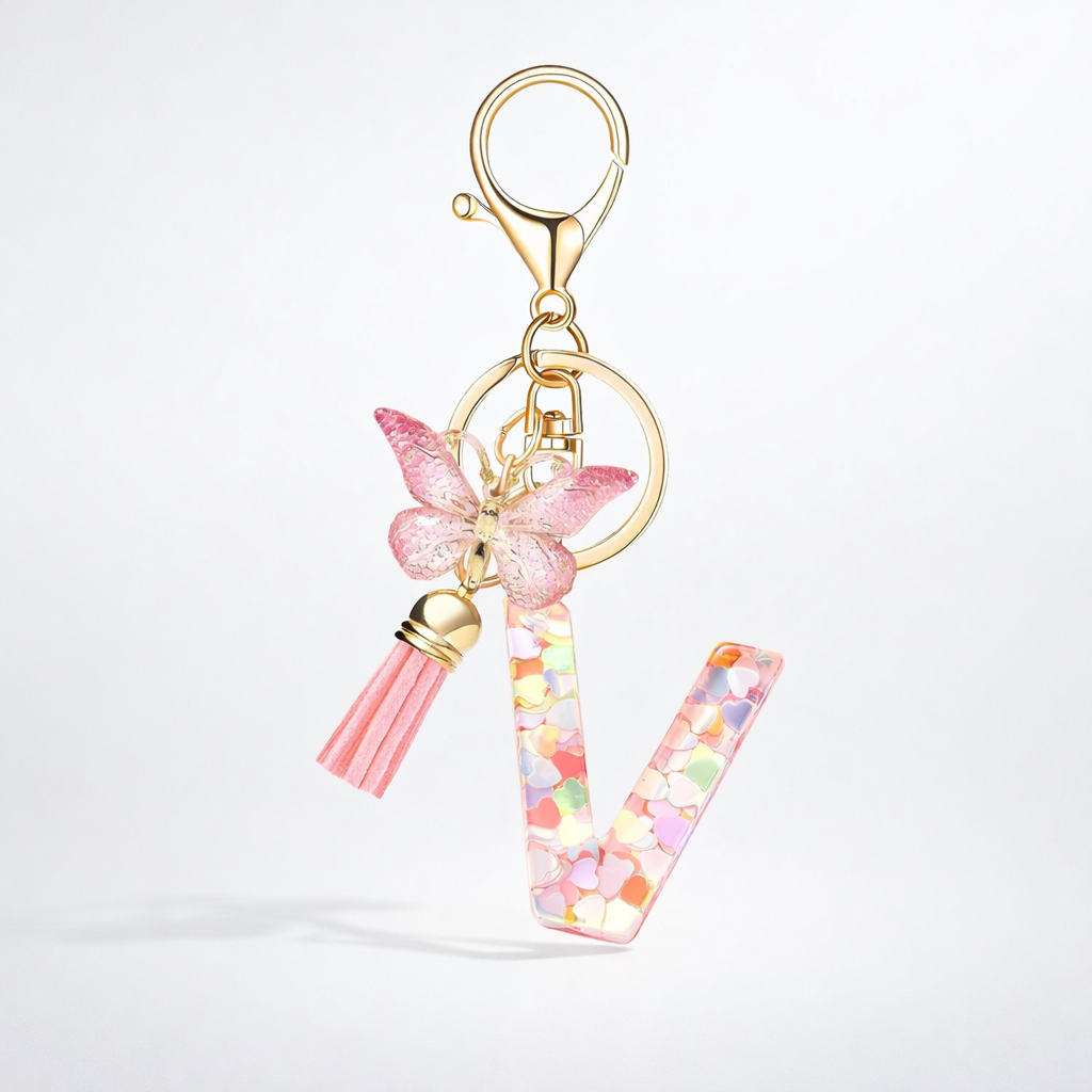 Pink Alphabet Keychain – Heart Sequin Resin Charm