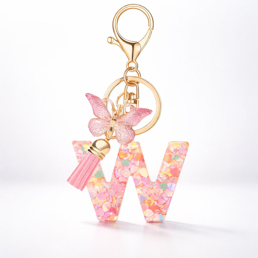 Pink Alphabet Keychain – Heart Sequin Resin Charm