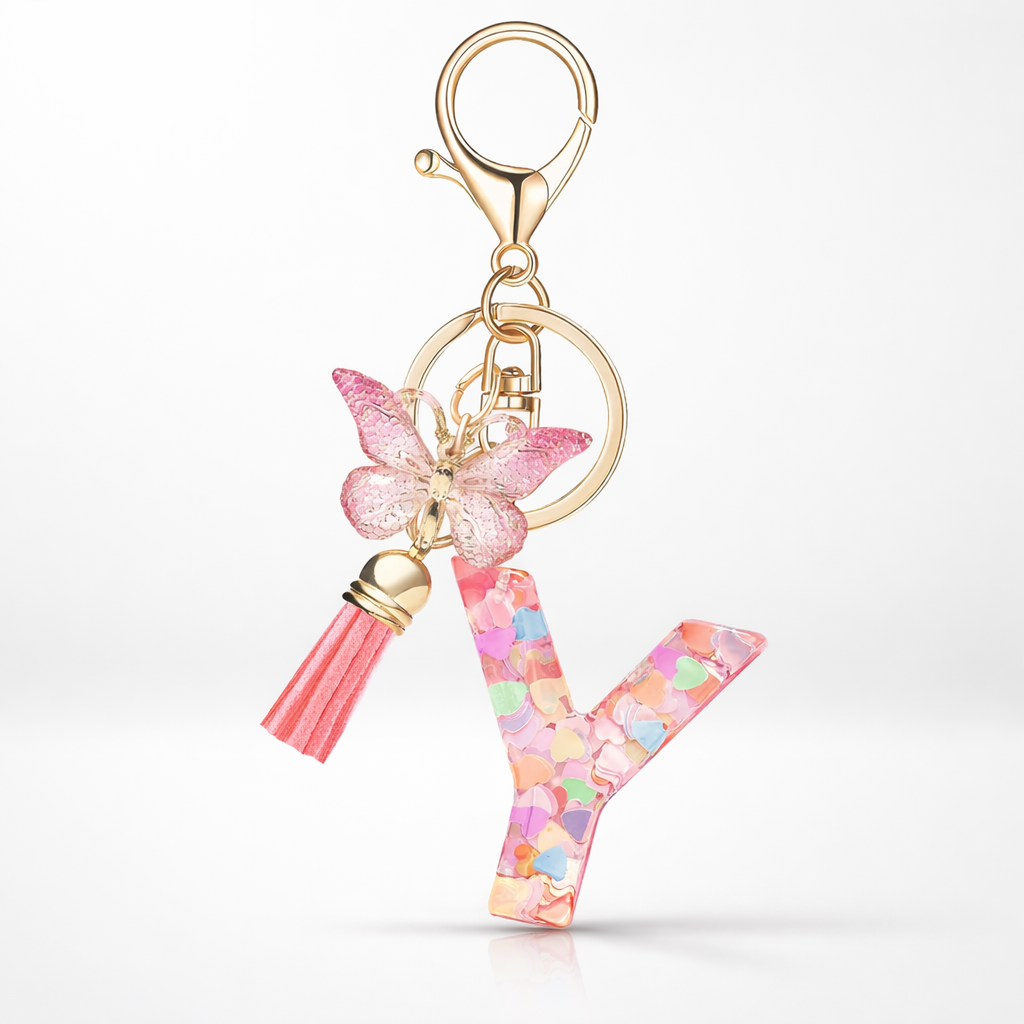 Pink Alphabet Keychain – Heart Sequin Resin Charm