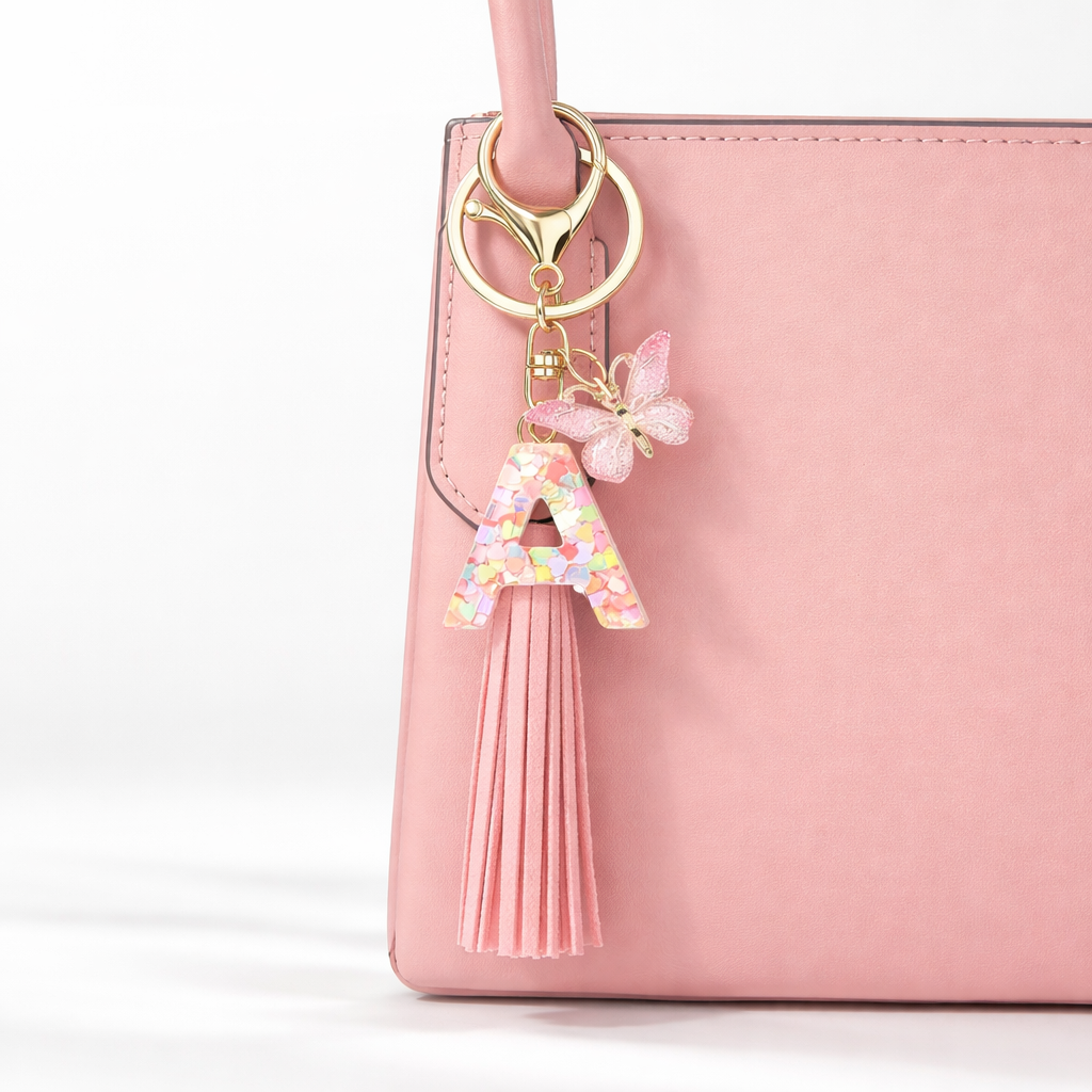Pink Alphabet Keychain – Heart Sequin Resin Charm