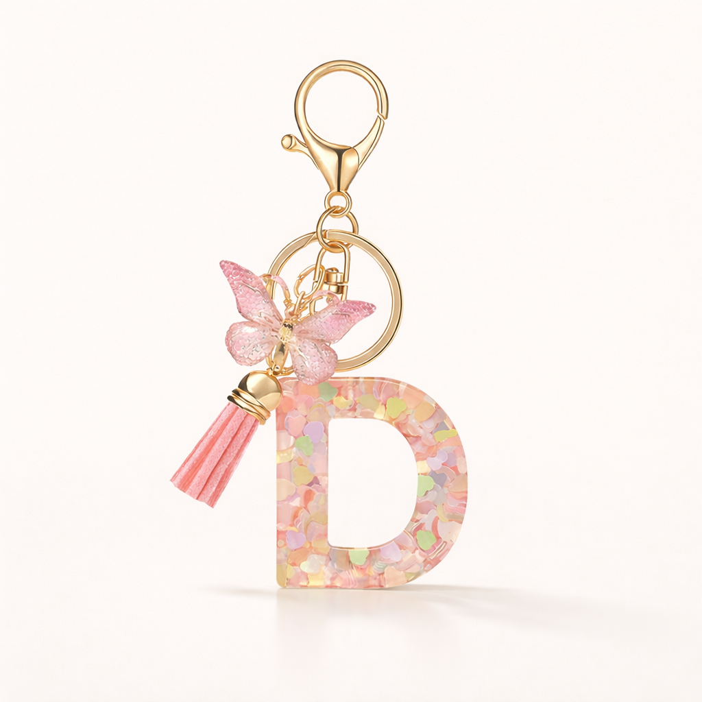 Pink Alphabet Keychain – Heart Sequin Resin Charm